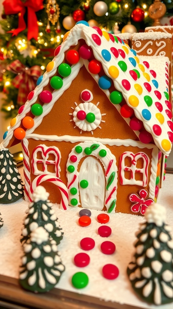 A festive gingerbread house decorated with icing and candies, showcasing a holiday theme.